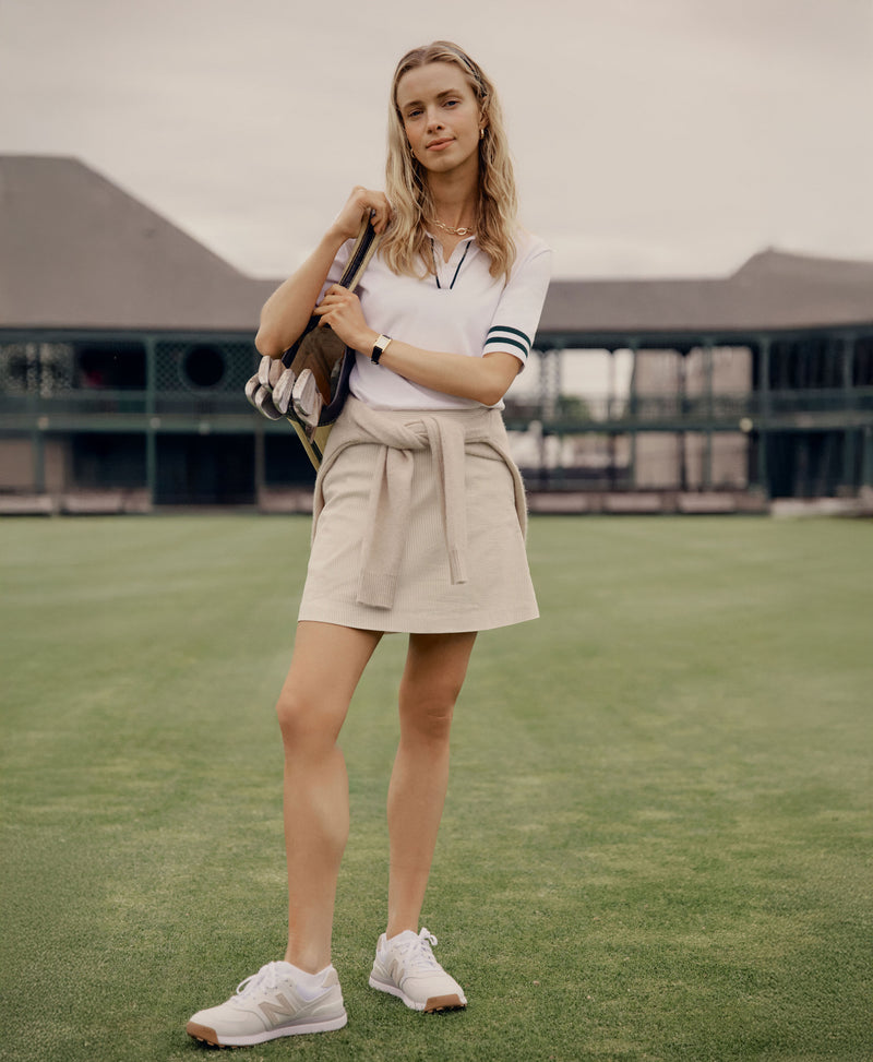 Khaki and White Stripe 16 Inch Performance Seersucker Winefred Golf Skirt