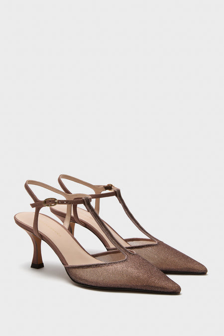 Mauve Metallic Mesh Margot Heels with pointed toes, T-strap, and kitten heel. Effortlessly classic and high-end, perfect for fun, versatile wear.