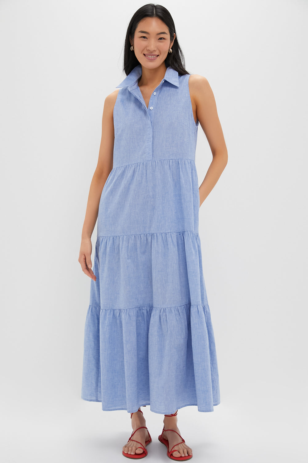 green emerald velvet dress Erma Drop Waist Linen Dress-Chambray
