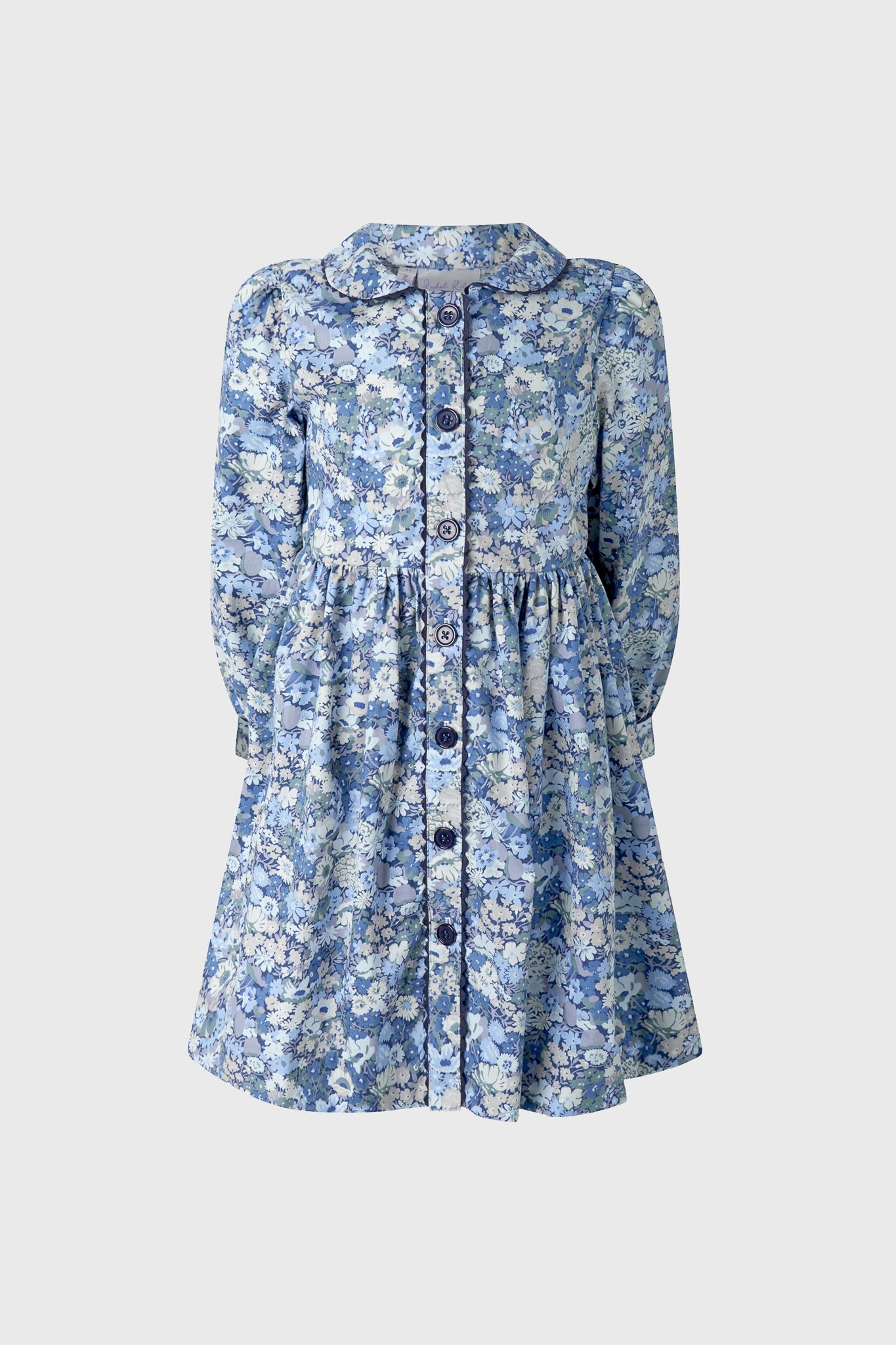 Long Sleeve Floral Button-Front Dress featuring a classic Peter Pan collar and gathered skirt in a playful blue-and-white floral print for an effortless, high-end style.