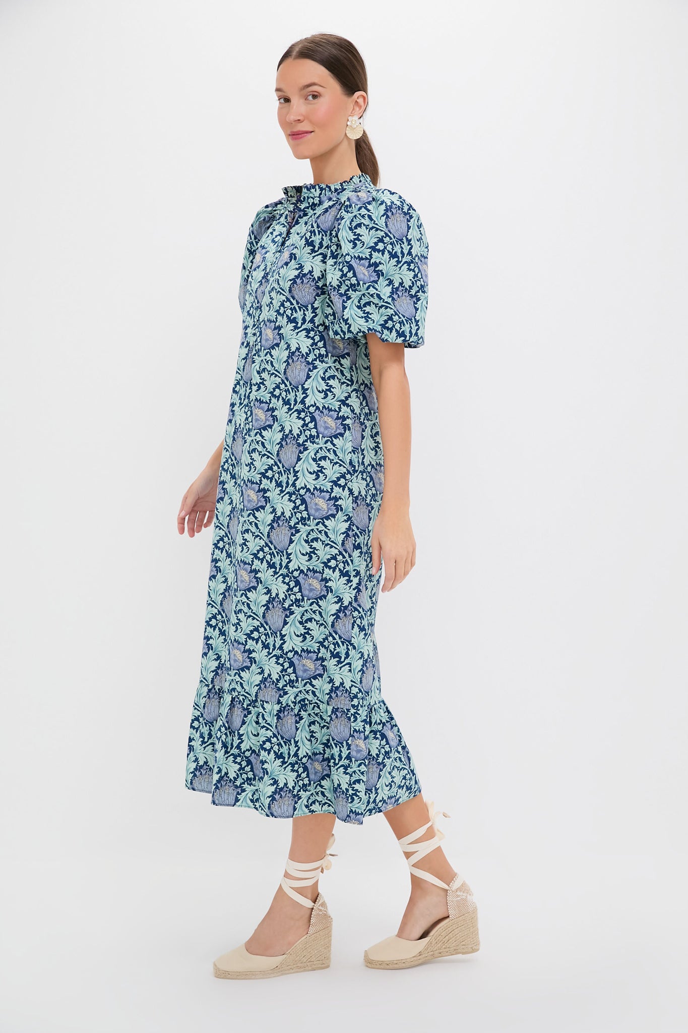 Multi Blue Leafy Floral Mimi Midi Dress