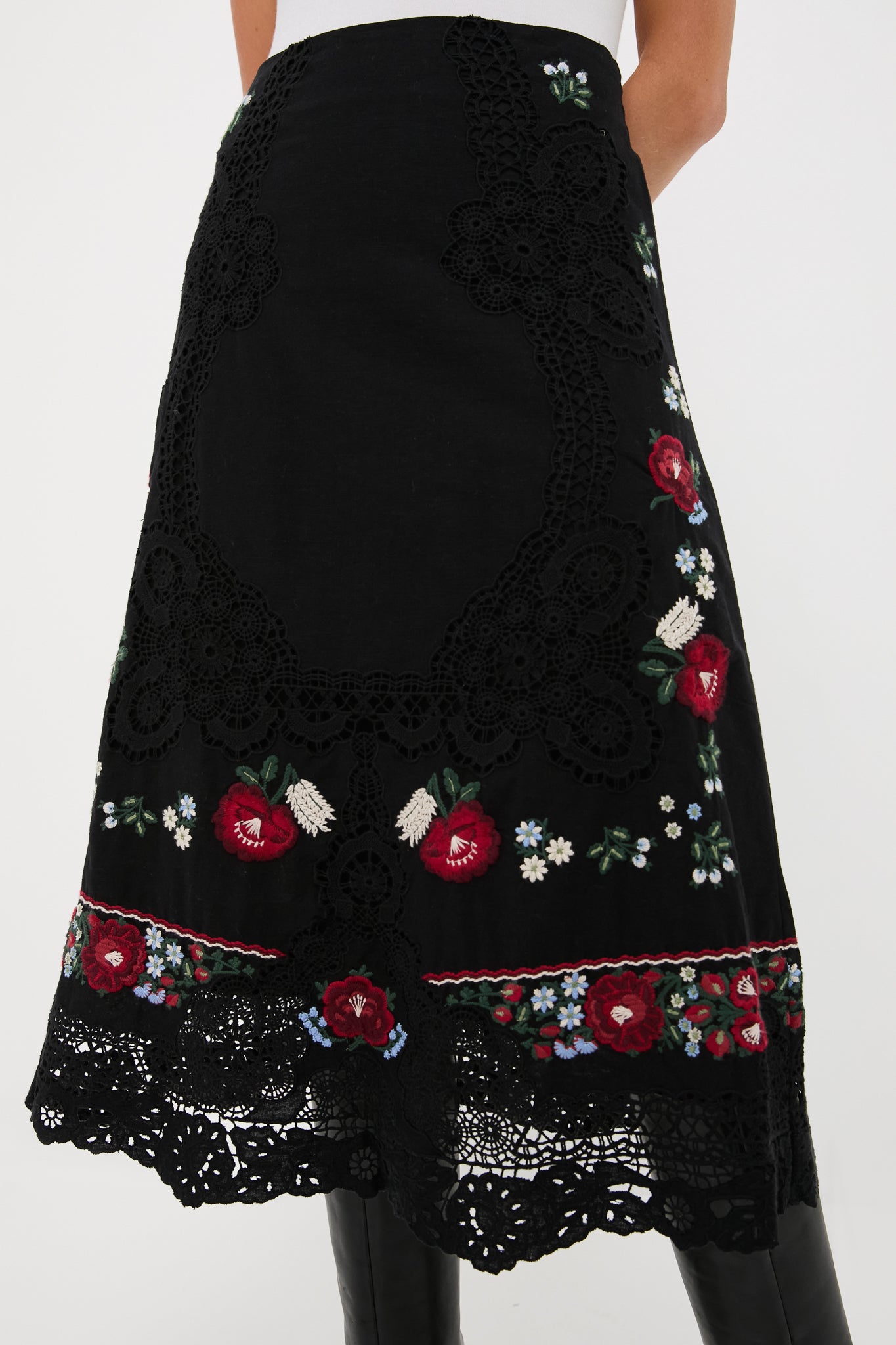 Black Rosaline Embroidery Midi Skirt | Sea New York