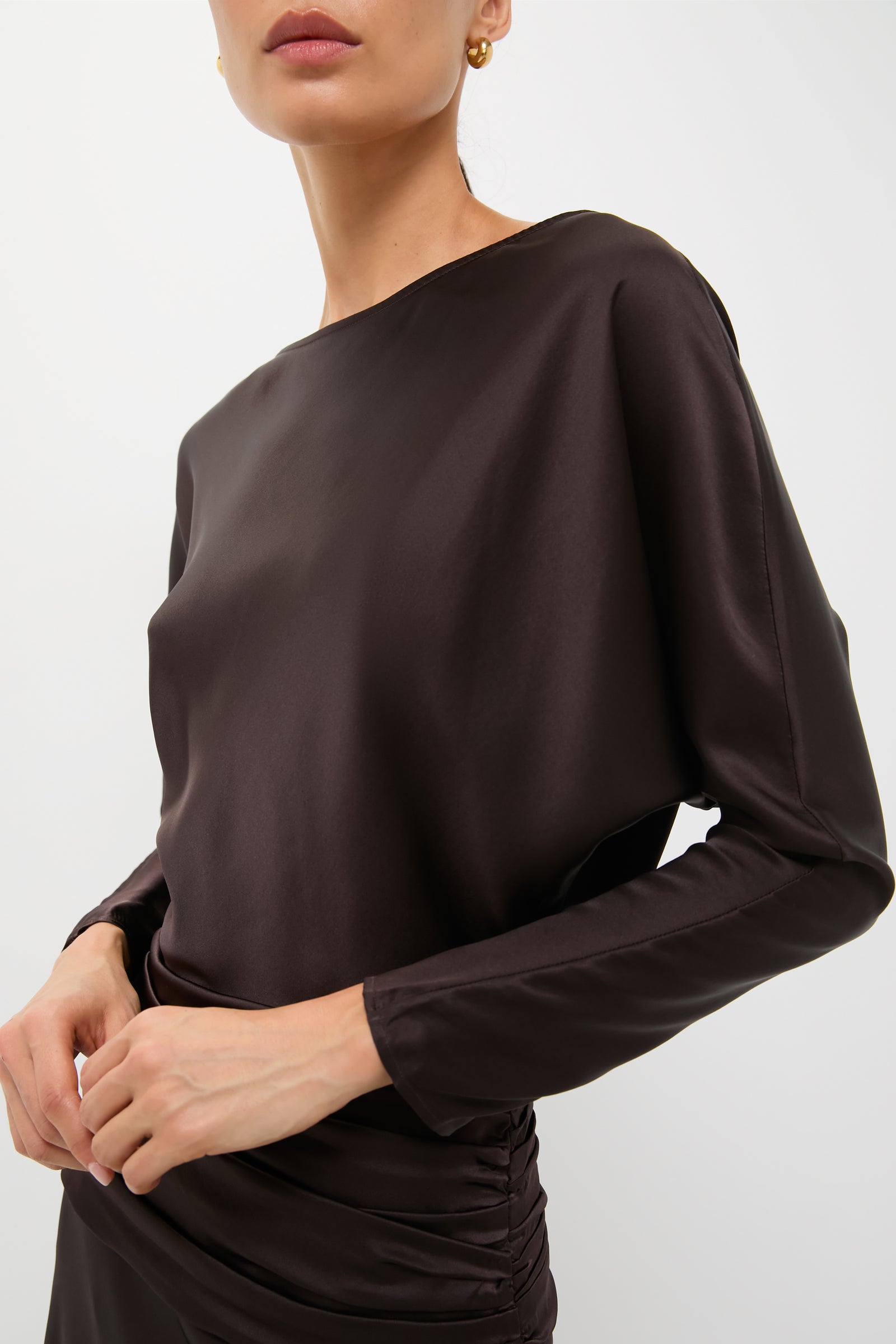 staud freda ruched silk maxi dress Staud Freda Ruched Silk-Blend Gown - Brown