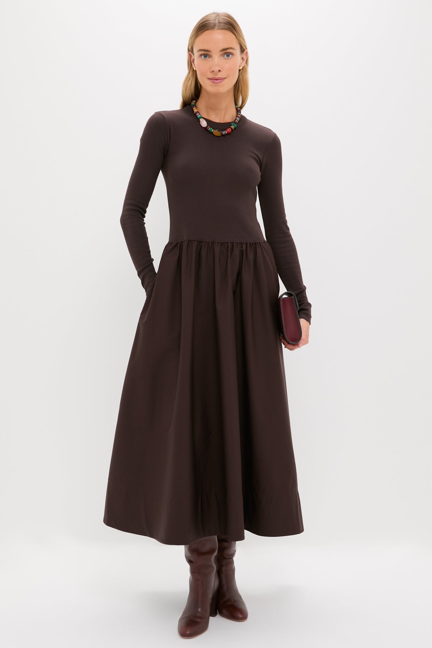 Squire Brown Rib Knit Crew Neck Long Sleeve A-Line Dress