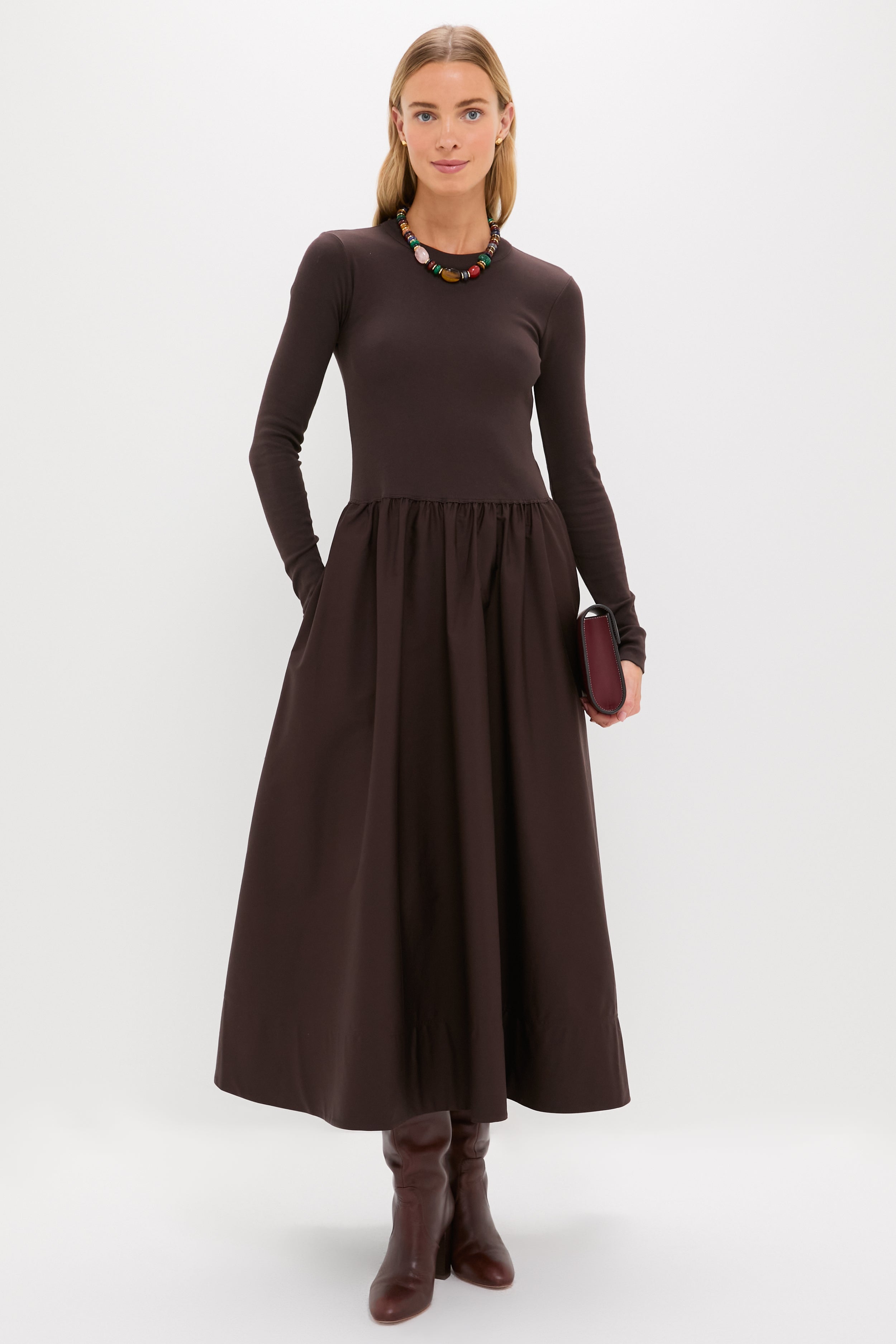 Squire Brown Rib Knit Crew Neck Long Sleeve A-Line Dress