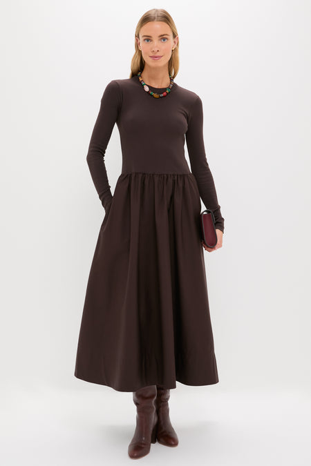 Squire Brown Rib Knit Crew Neck Long Sleeve A-Line Dress
