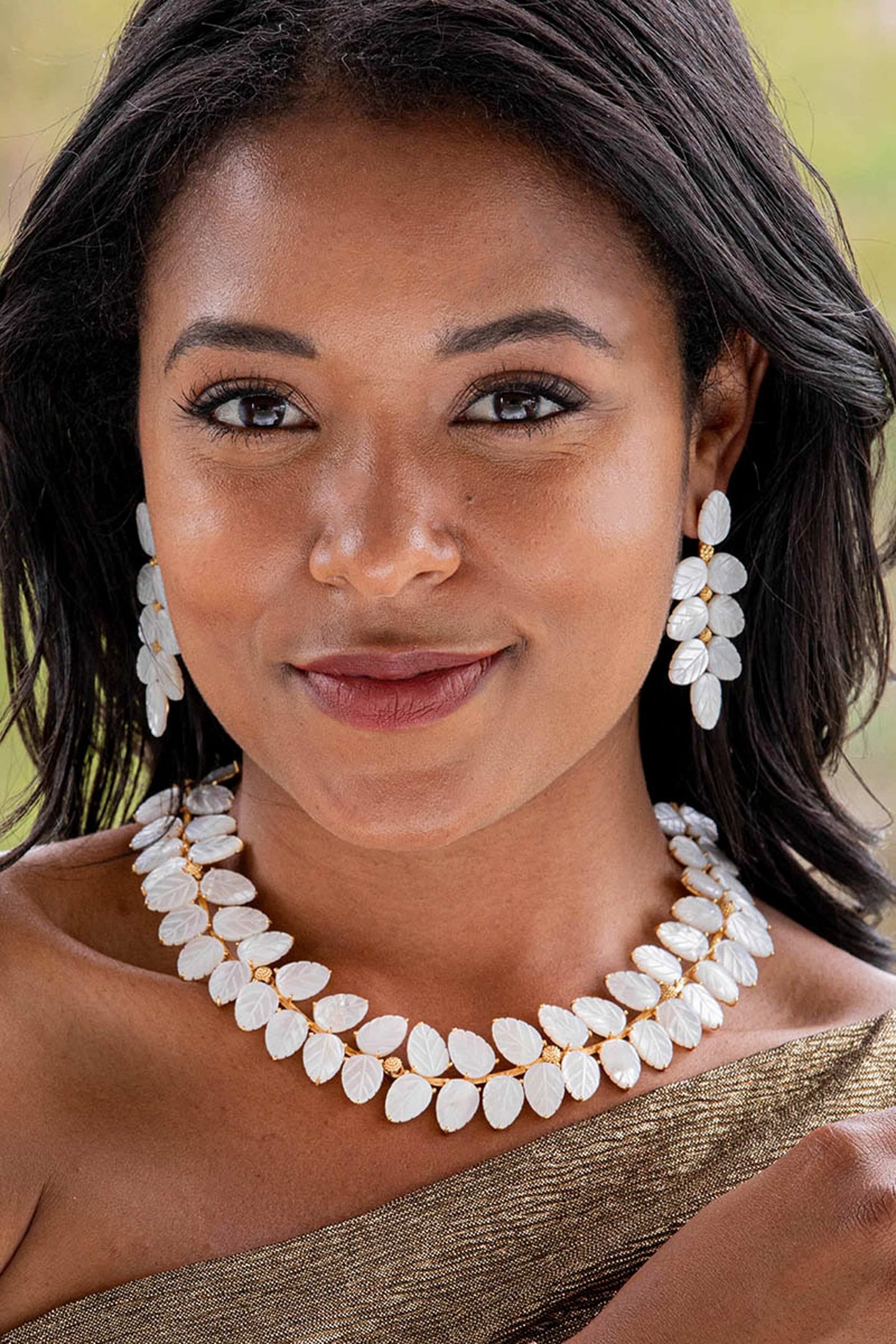 Mermaid Garden Vine Drop Earrings - MOP: Classic, effortless white mother of pearl leaves with golden berry centers create a high-end, fun look, perfect for any occasion.