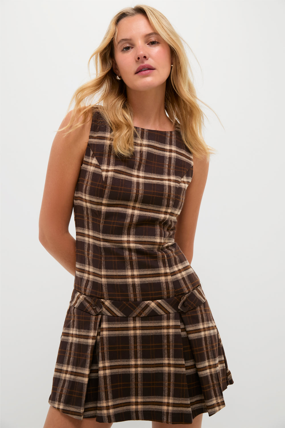 Brown Plaid Pleated Mini Dress | Moon River Brown Plaid Pleated Mini Dress | Moon River