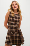 Brown Plaid Pleated Mini Dress