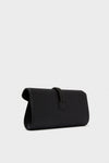 Black Satin Gabrielle Clutch with a classic envelope silhouette, featuring an effortless braided tassel detail and magnetic snap closure, perfect for high-end, fun evenings out.