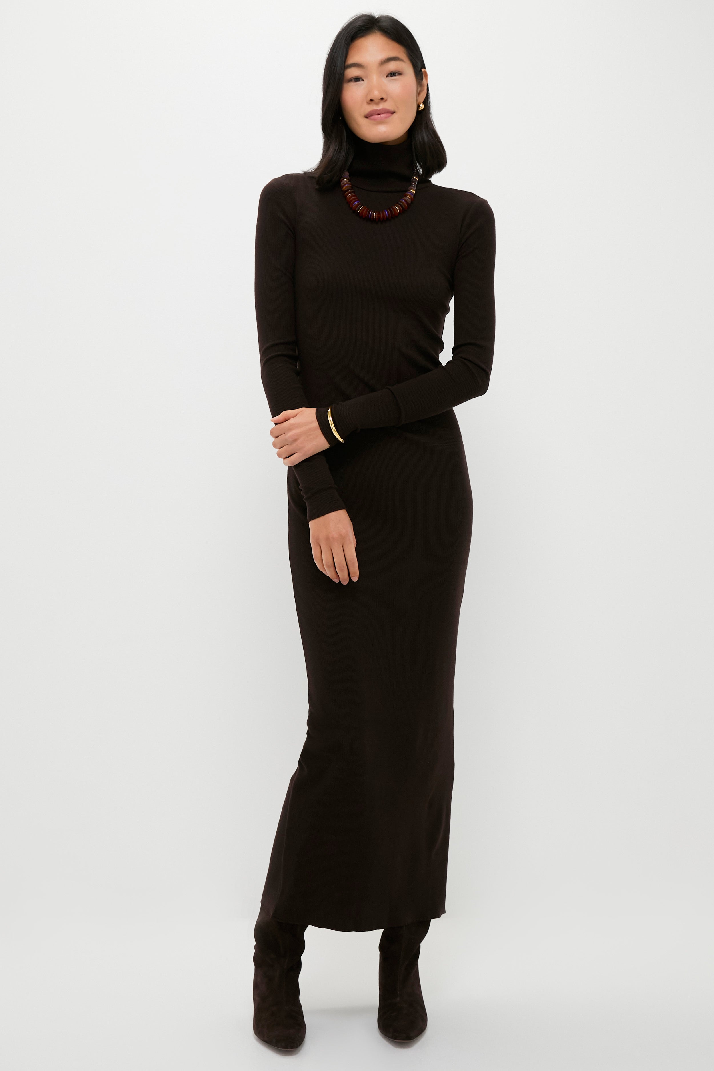 Brown Melange Rib Knit Turtleneck Column Dress | Polo Ralph Lauren