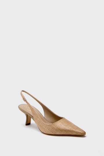 Sam Edelman tan slingback pump featuring a pointed toe and mid-height kitten heel, crafted in a neutral shade for versatile style.