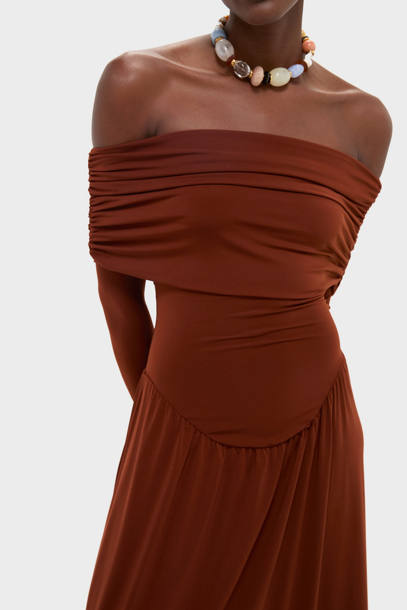 Burgundy Off the Shoulder Ruched Midi Dress