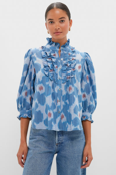 Jinja Blue Ruffle Front Button Blouse | Oliphant