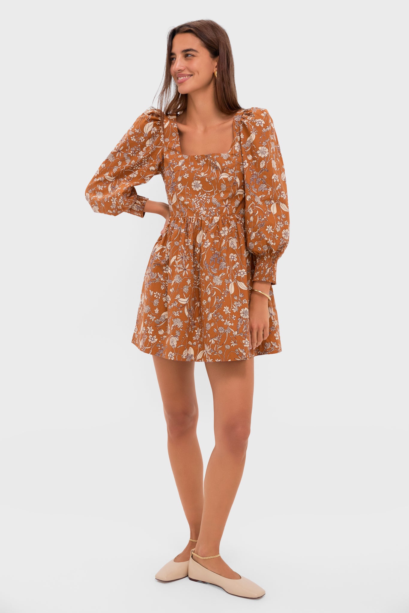 Burnt Orange Floral Square Neck Spencer Mini Dress
