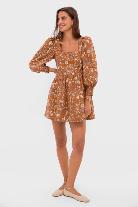 Burnt Orange Floral Square Neck Spencer Mini Dress