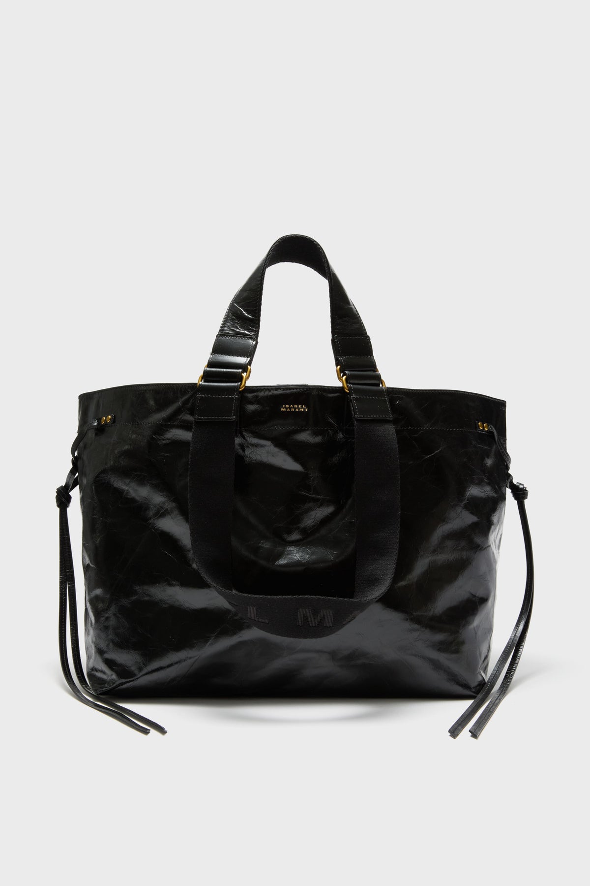 A large black Wardy bag by Isabel Marant, made from glossy crinkled-effect leather with two short handles, a detachable shoulder strap, and gold-tone hardware.
