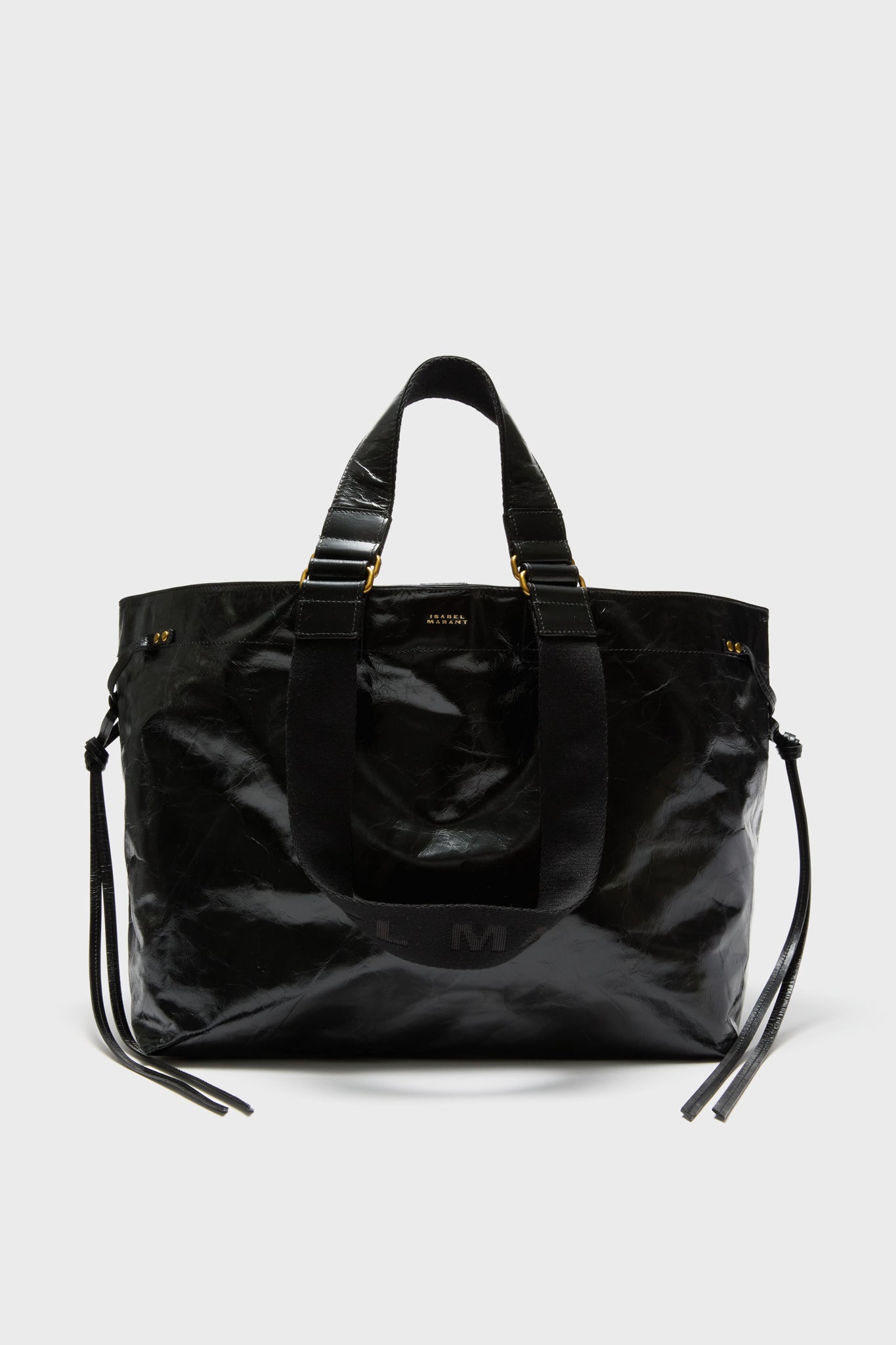 A large black Wardy bag by Isabel Marant, made from glossy crinkled-effect leather with two short handles, a detachable shoulder strap, and gold-tone hardware.