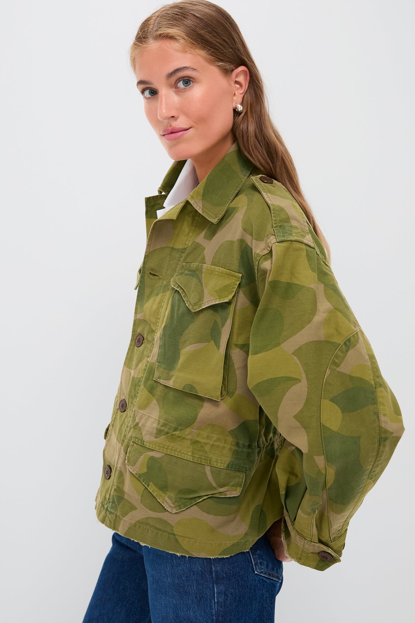 Camo Green and Brown Multi Cotton Satin Woven Field Jacket