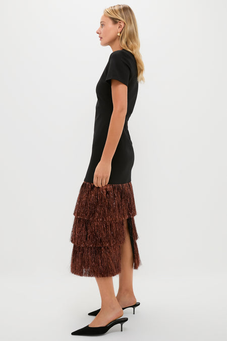 Black & Bronze Metallic Fringe Francie Short Sleeve Maxi Dress