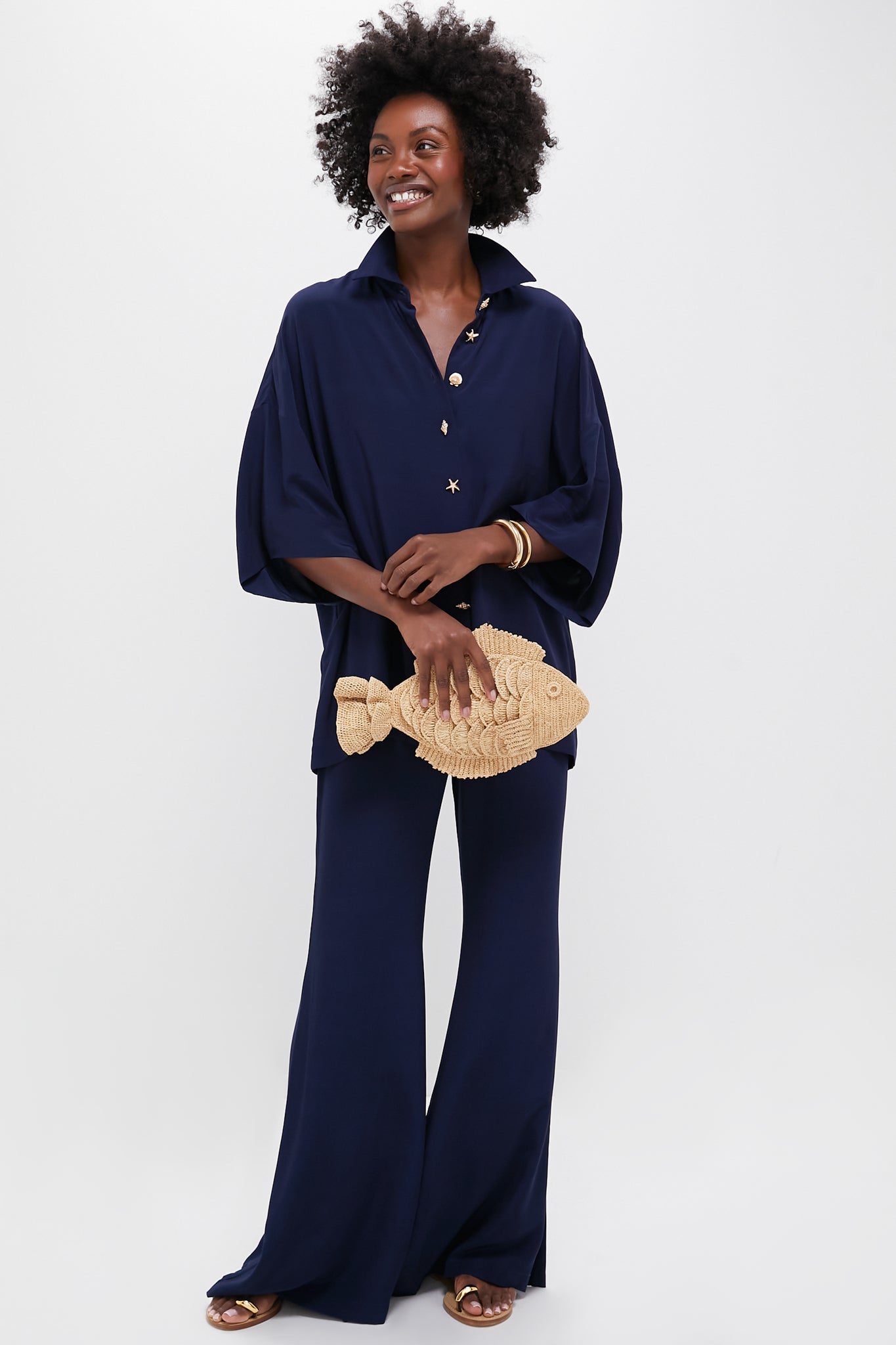 Navy Viscose Charmeuse Nautilus Blouse