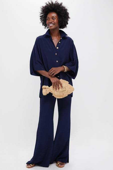 Navy Viscose Charmeuse Nautilus Blouse