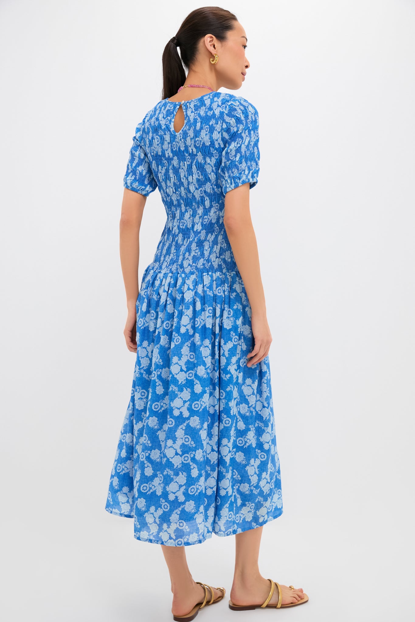 Pretoria Blue Smocked Drop Waist Maxi Dress