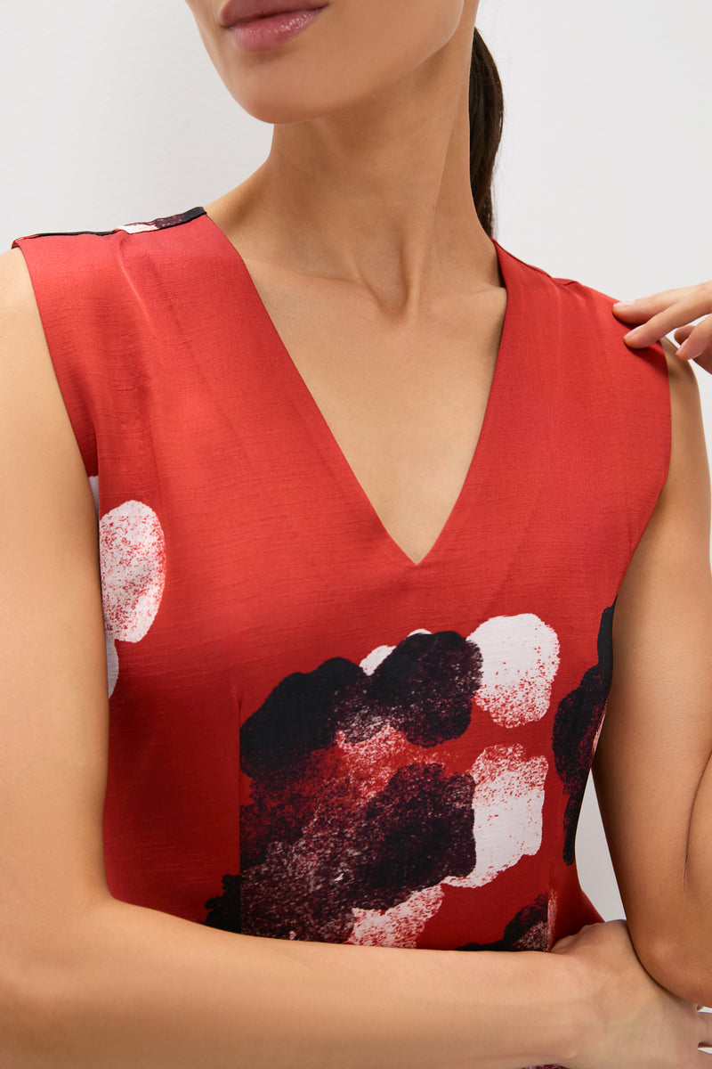 Crimson Red Water Floral Cosmic Midi Dress features an elegant, sleeveless design with a V-neckline and abstract black and white brush-stroke pattern, exuding classic, effortless style.