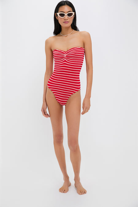 Red and White Striped Brooke One Piece