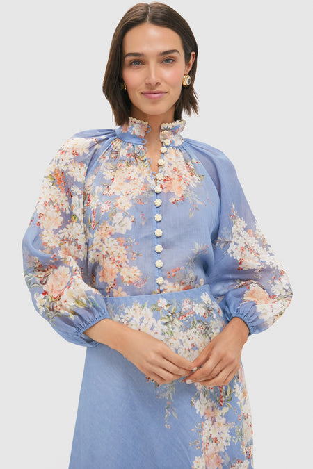 Teal Blue Botanical Floral Cascadian Billow Blouse