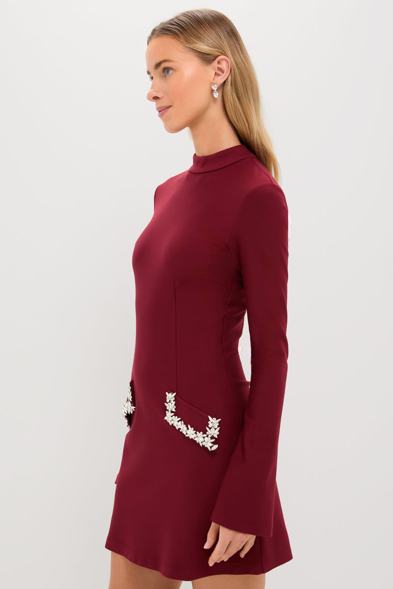 Oxblood Embellished Long Sleeve Bronwyn Mini Dress
