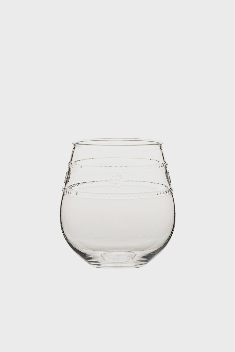 Juliska clear stemless wine glass featuring three horizontal textured bands around the upper half, crafted in a sleek bohemian style.