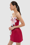 Burgundy Lily Print Rosario Applique Floral Bustier Mini Dress