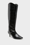 Schutz black knee-high boot featuring a pointed toe, kitten heel, and glossy croc-embossed leather—a sophisticated take inspired by the iconic Maryana Lo Boots.