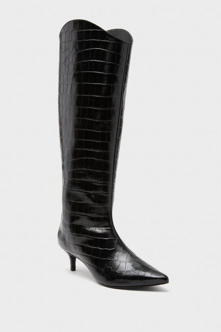 Schutz black knee-high boot featuring a pointed toe, kitten heel, and glossy croc-embossed leather—a sophisticated take inspired by the iconic Maryana Lo Boots.