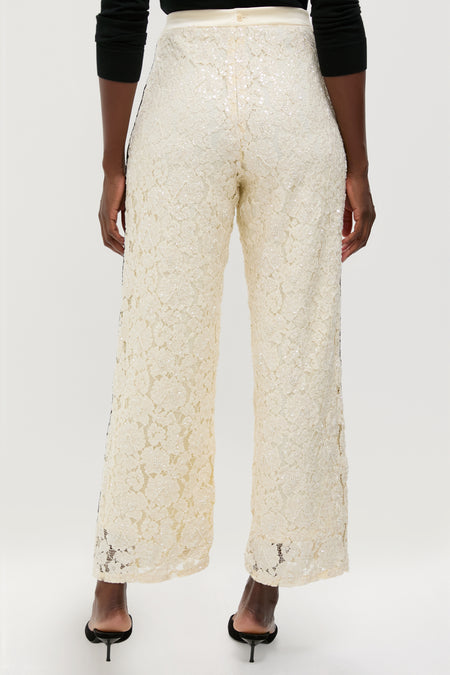 Cream Lace Sequin Straight Pants