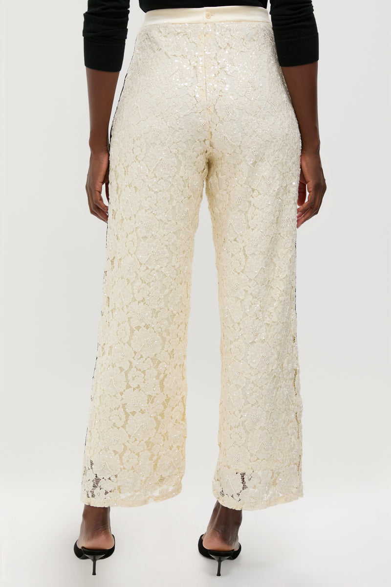 Cream Lace Sequin Straight Pants