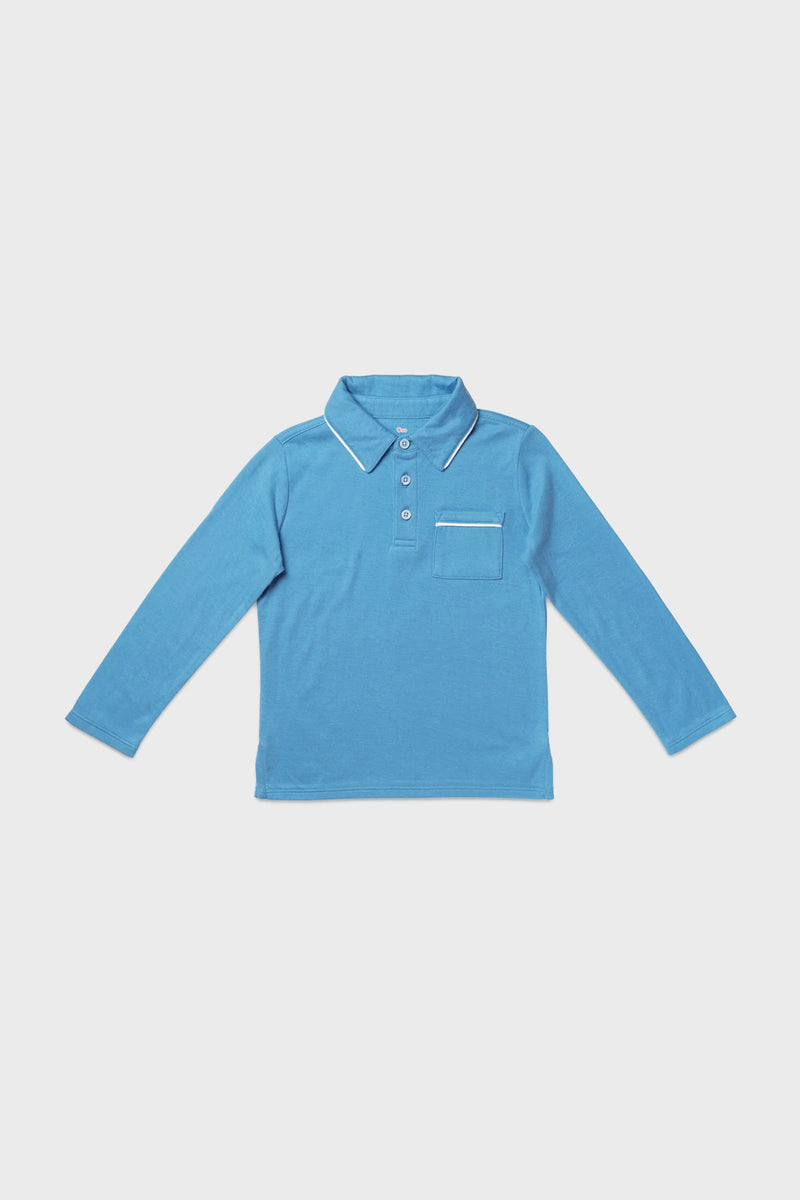 A soft cotton kids long-sleeve polo shirt by Oso & Me in light blue, with a collar, three buttons, chest pocket, and white trim for all-day comfort.