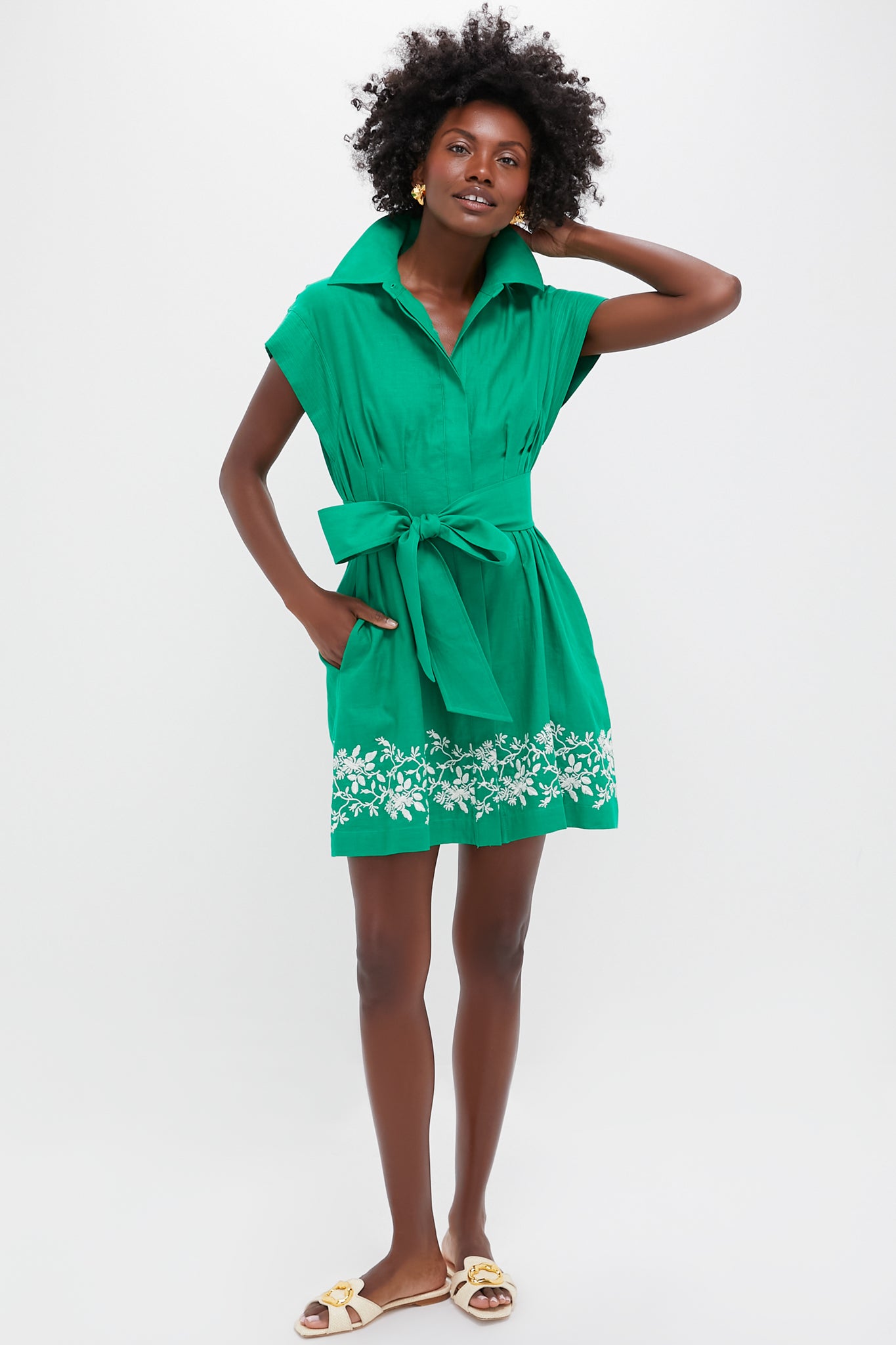 Garden Green Embroidered Cotton Linen Mini Callie Dress