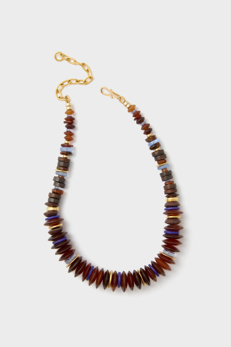 Lizzie Fortunato beaded statement collar necklace with graduated brown and amber beads, gold-plated brass spacer accents, and a gold chain clasp.