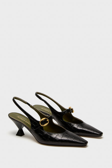 Maria Luca black slingback heels with pointed toes, crocodile texture, low block heels, and gold buckle detail, displayed on a plain light background.