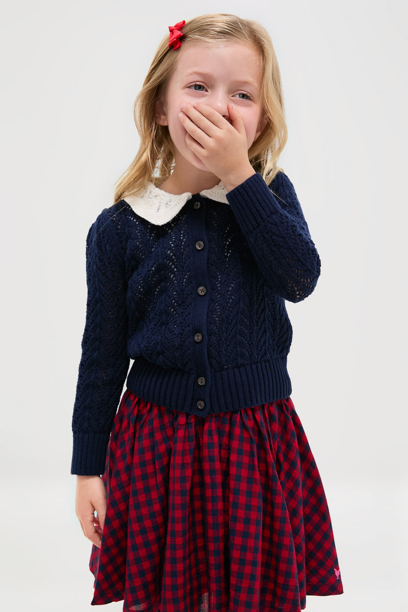 Girls Long-Sleeve Cotton Pointelle Collared Cardigan