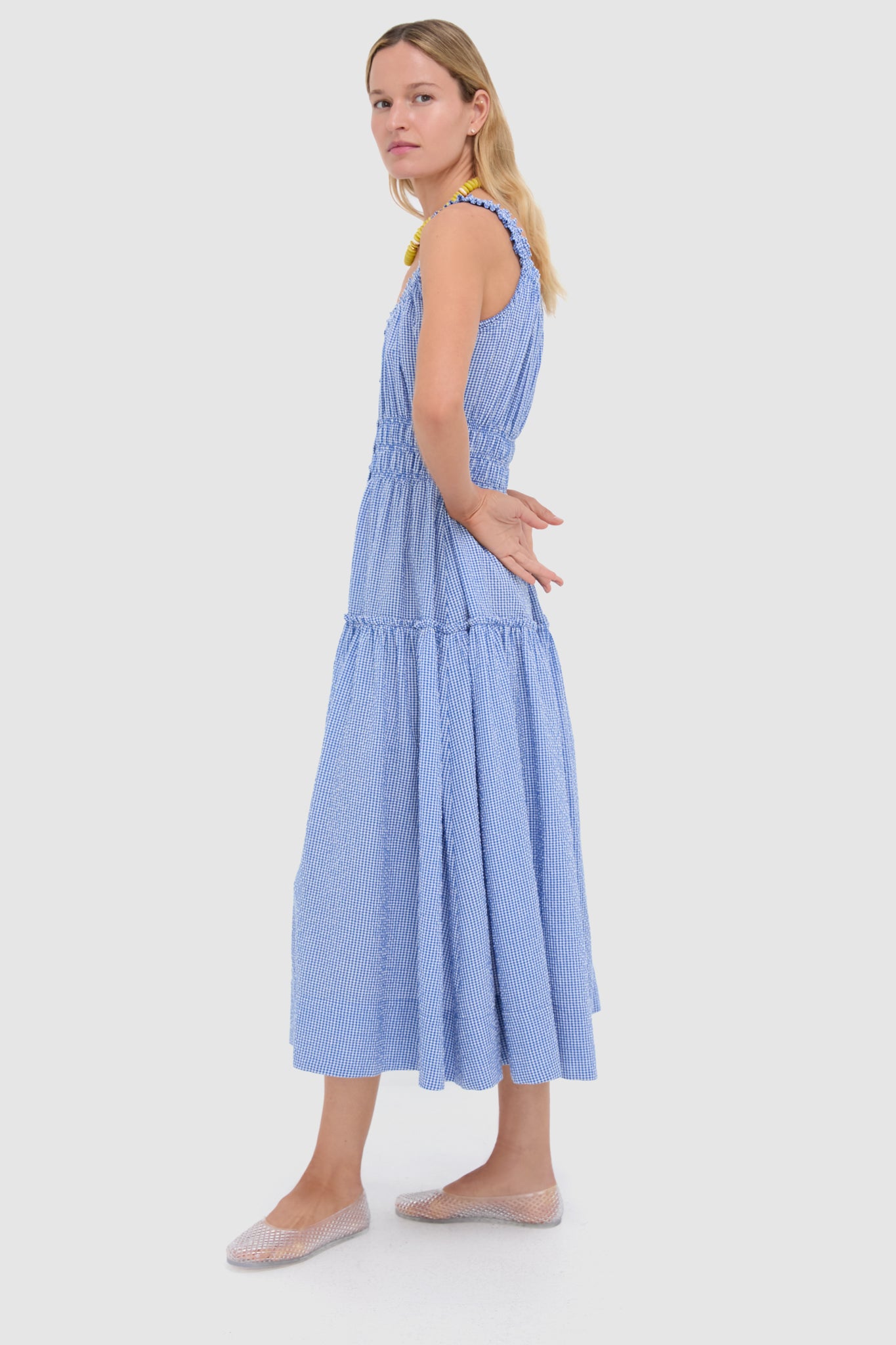 Blue and White Gingham Seersucker Landis Midi Dress