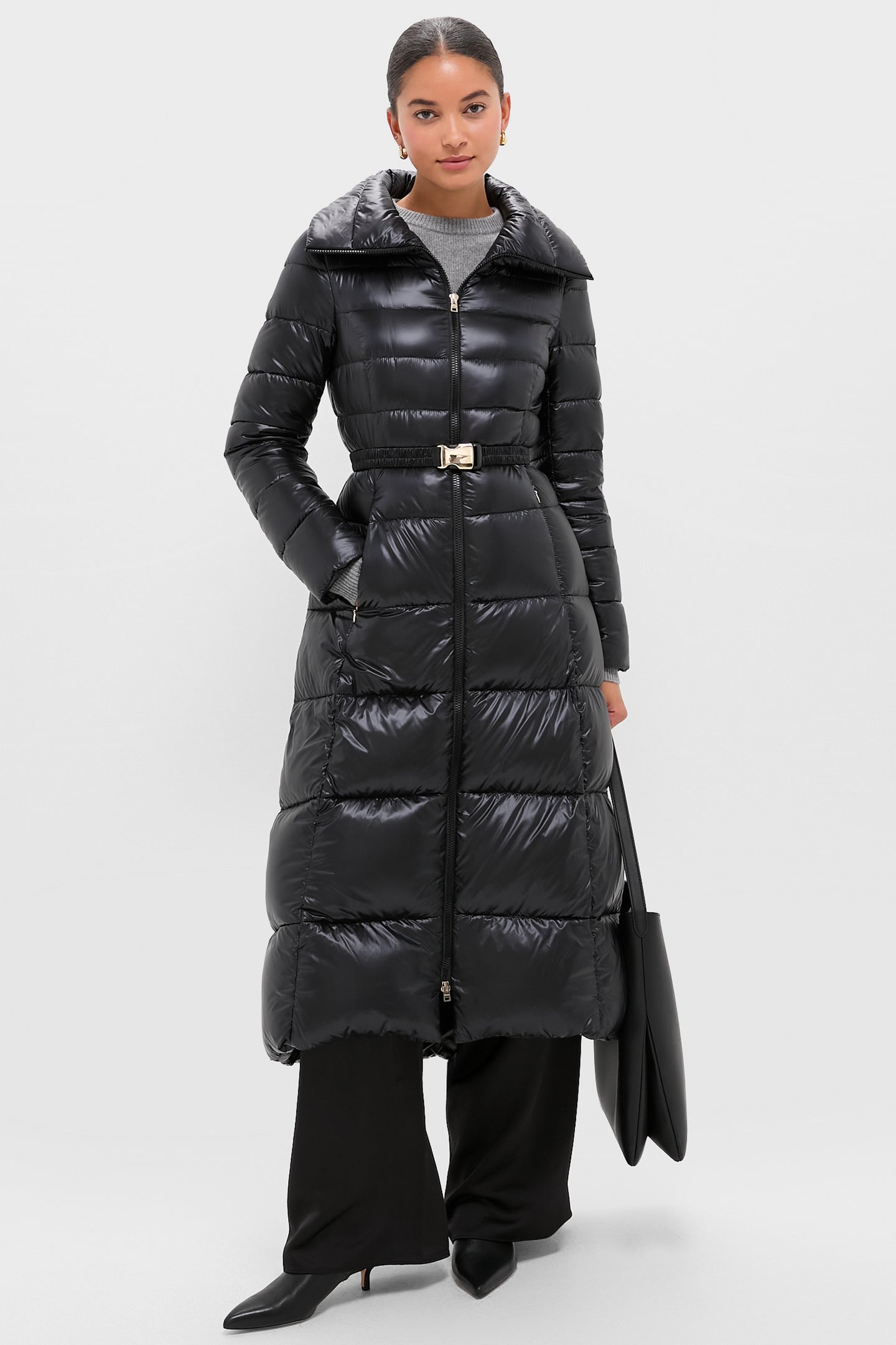 Black Nylon Ultralight Quilted Maxi Coat with Elastic Belt