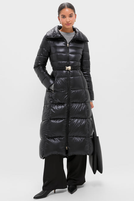 Black Nylon Ultralight Quilted Maxi Coat with Elastic Belt