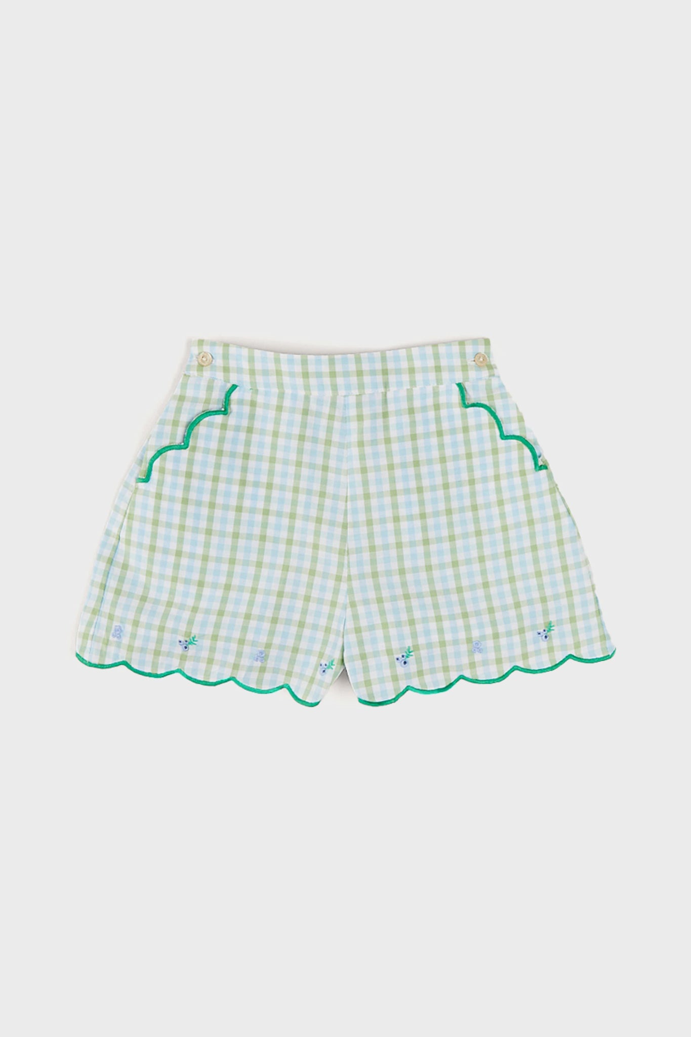 Maxwell Gingham Scallop Trim Embroidered Shorts in Green