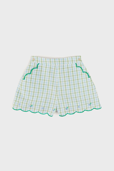 Maxwell Gingham Scallop Trim Embroidered Shorts in Green