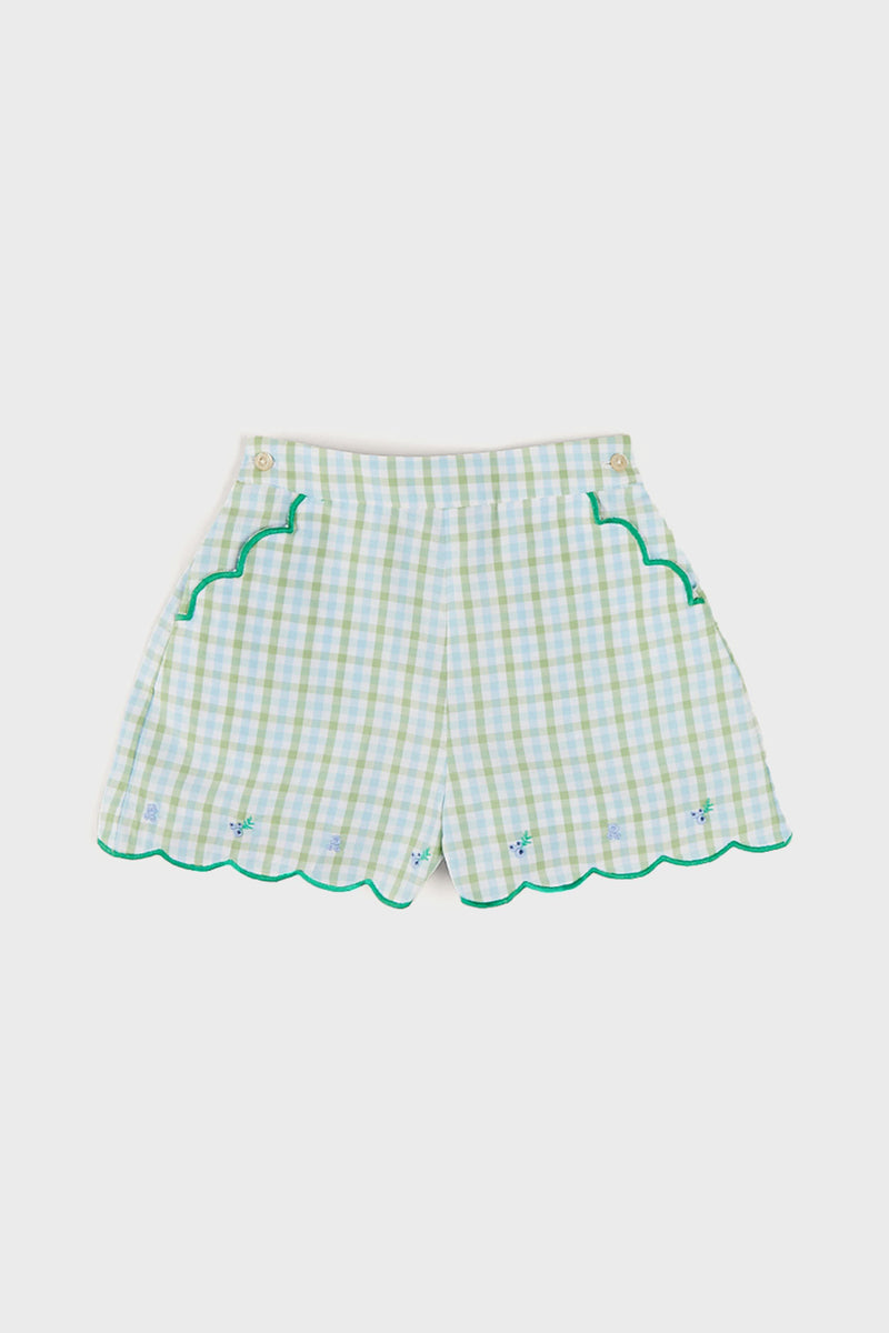 Maxwell Gingham Scallop Trim Embroidered Shorts in Green