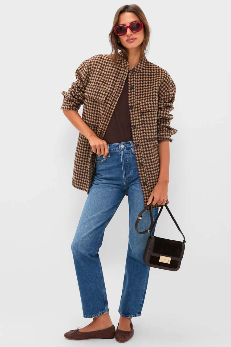 Noir and Noisette Florian Coat: Classic, oversized houndstooth shirt-jacket. Effortless and high-end, perfect for layering with denim or skirts for a fun, chic look.
