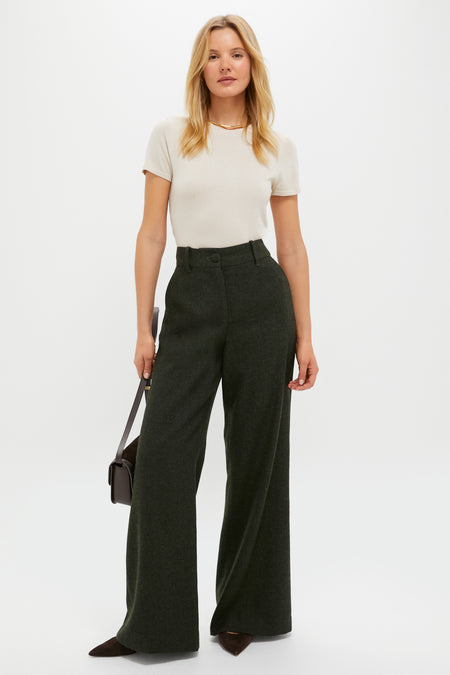 Hunter Green Tweed Herringbone Wide Leg Watson Trousers